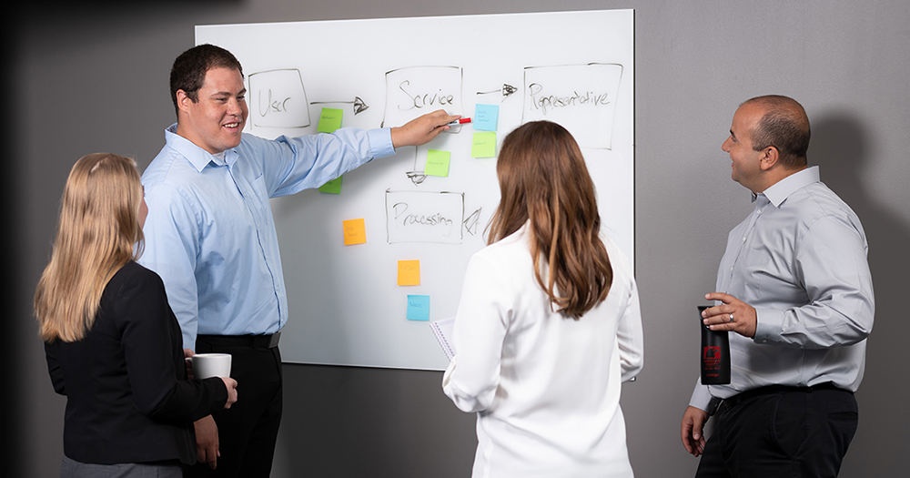 American Equity excellence Group work at a white board